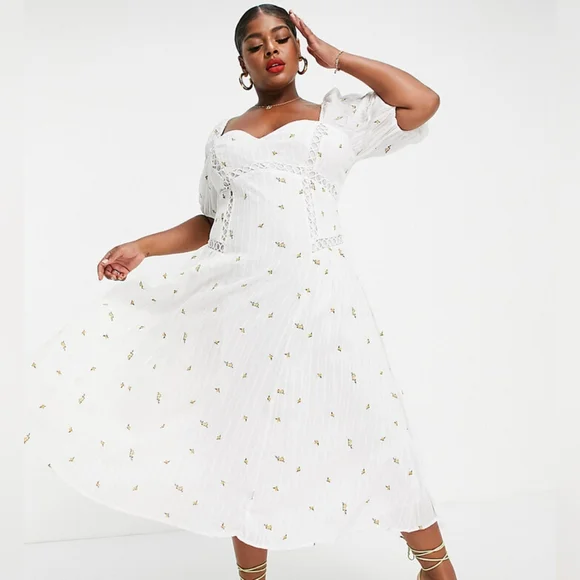 ASOS DESIGN Curve Premium puff sleeve trapeze midi dress Size 12 Cottage Core - Picture 1 of 8